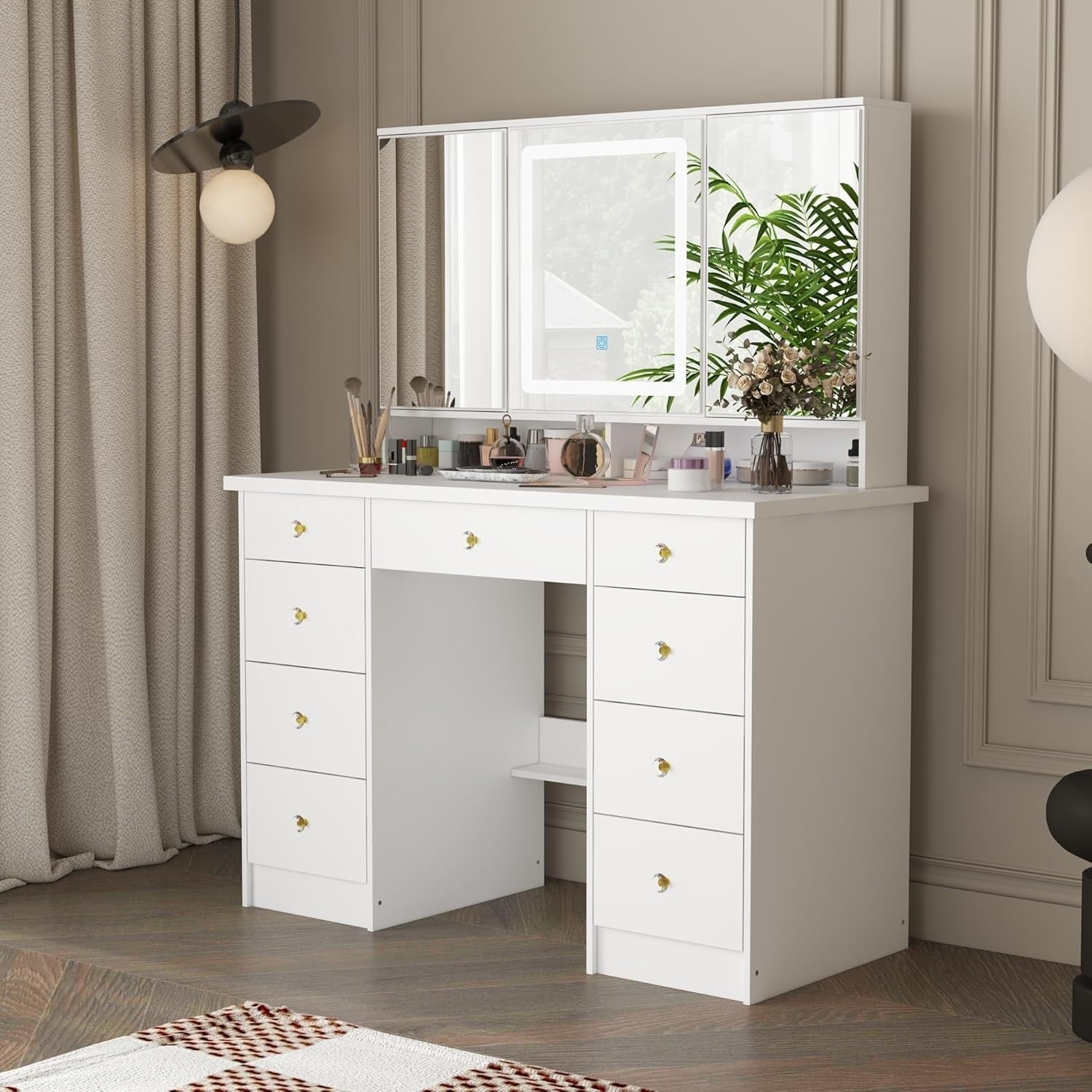 Makeup Vanity Dressing Table White w/ 3-Panel LED Light Mirror & 9 Storage Drawe