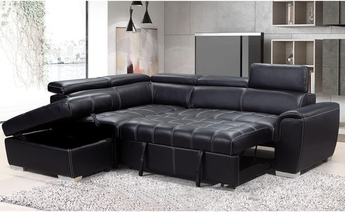 Black Leather Corner Sofa Bed w/ Storage Ottoman – L Shape, Left Hand,4-5 Seater