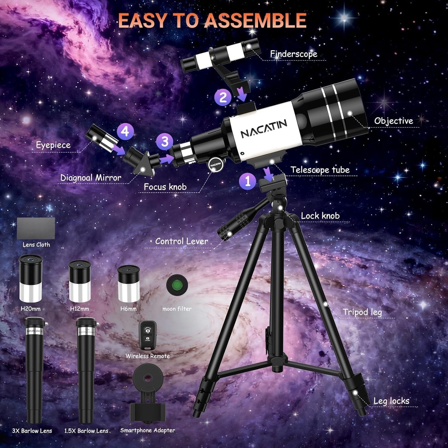 70mm Beginner & Kids Telescope with Tripod, Smartphone Adapter and Remote