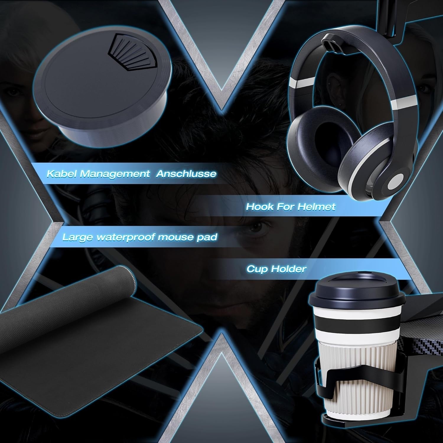 160cm RGB Gaming Desk with LED Lights, Cup Holder & Hook – Black X-Frame