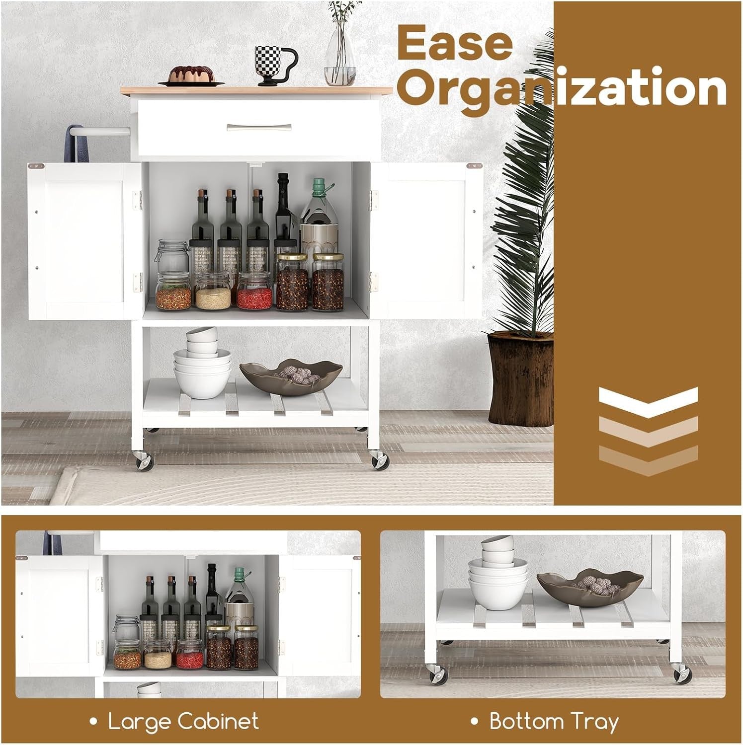Kitchen Island Cart on Wheels Storage Trolley Cabinet Drawer Shelf White