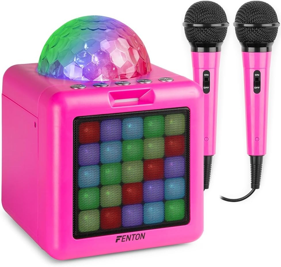 Kids Karaoke Machine 2 Mics Bluetooth LED Speaker USB-C Pink