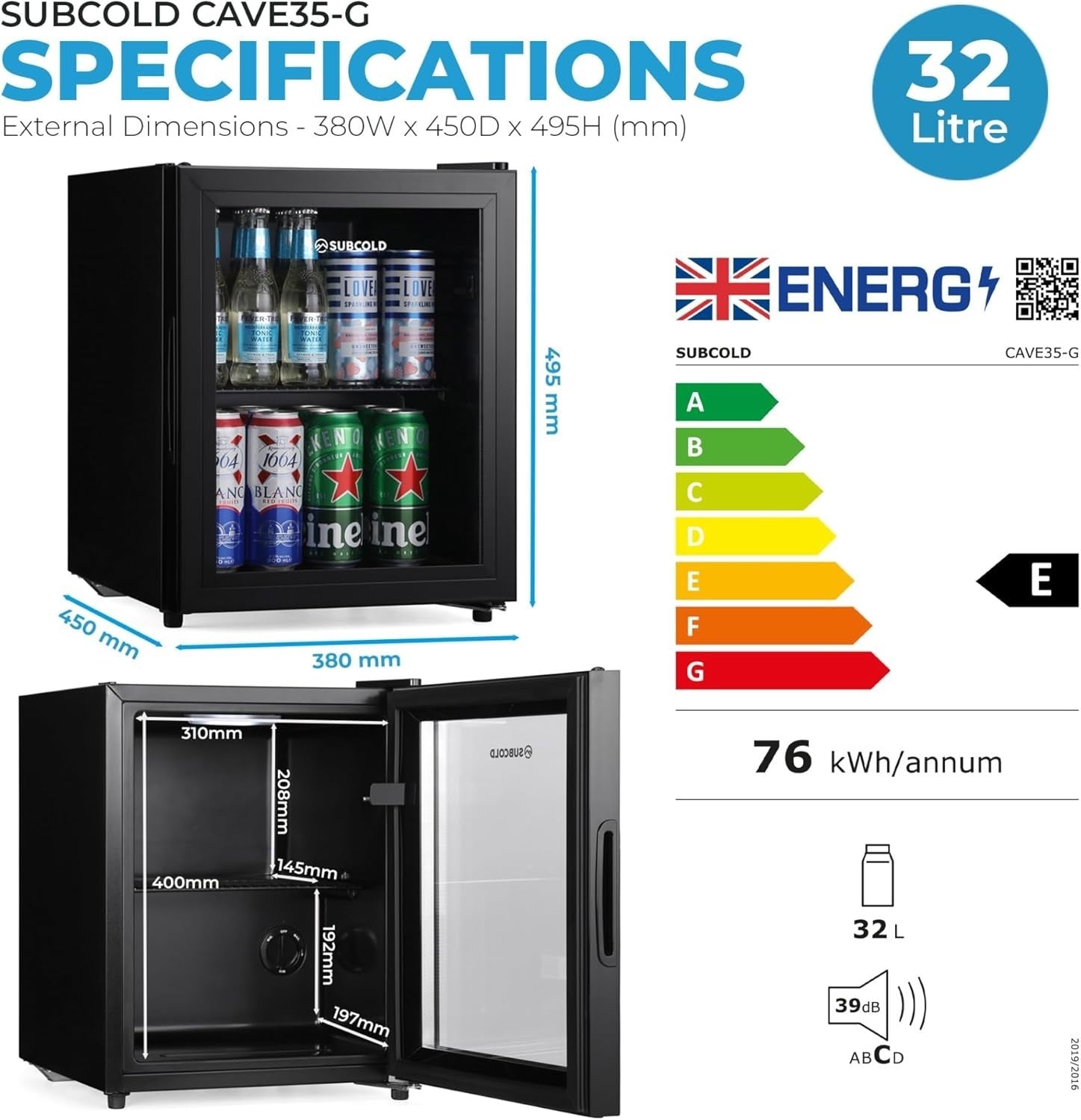 32L Mini Fridge Beer & Drink Cooler LED Glass Door Black Compact