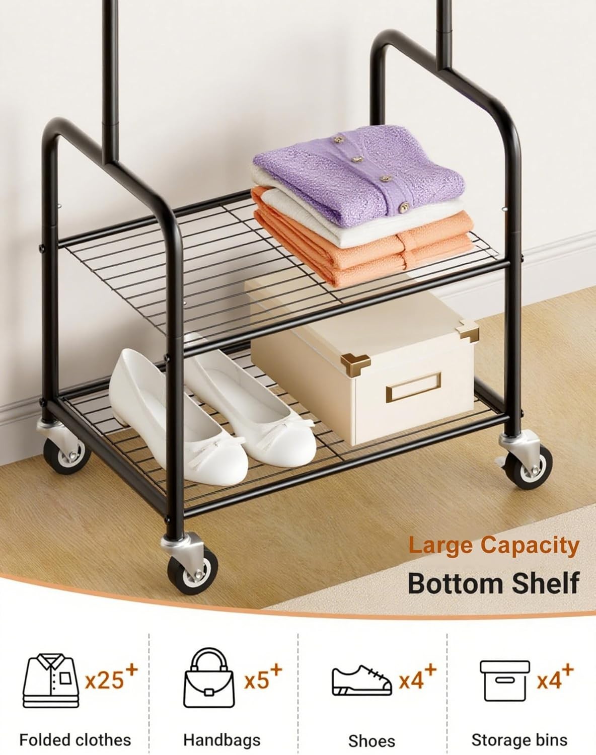 Small Clothes Rail with Shelves & Wheels – Black 178cm