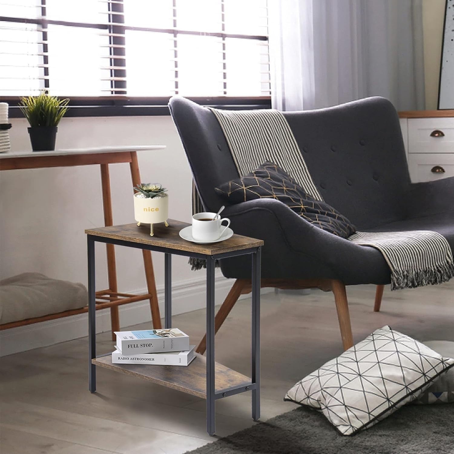 Triangle Corner End Table with Shelf – Slim Tall Side Table for Small Spaces
