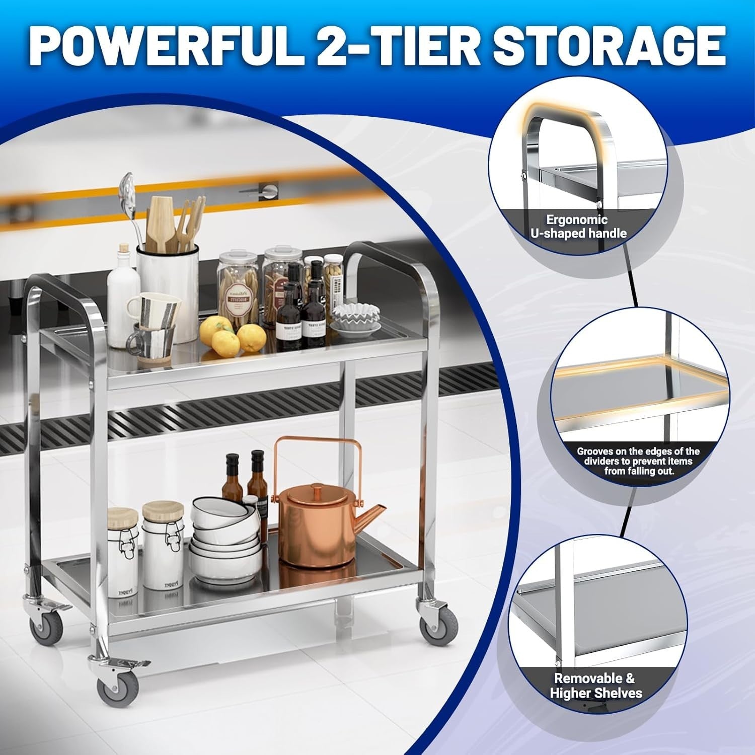 Stainless Steel 2 Tier Kitchen Trolley 95cm Heavy Duty Cart