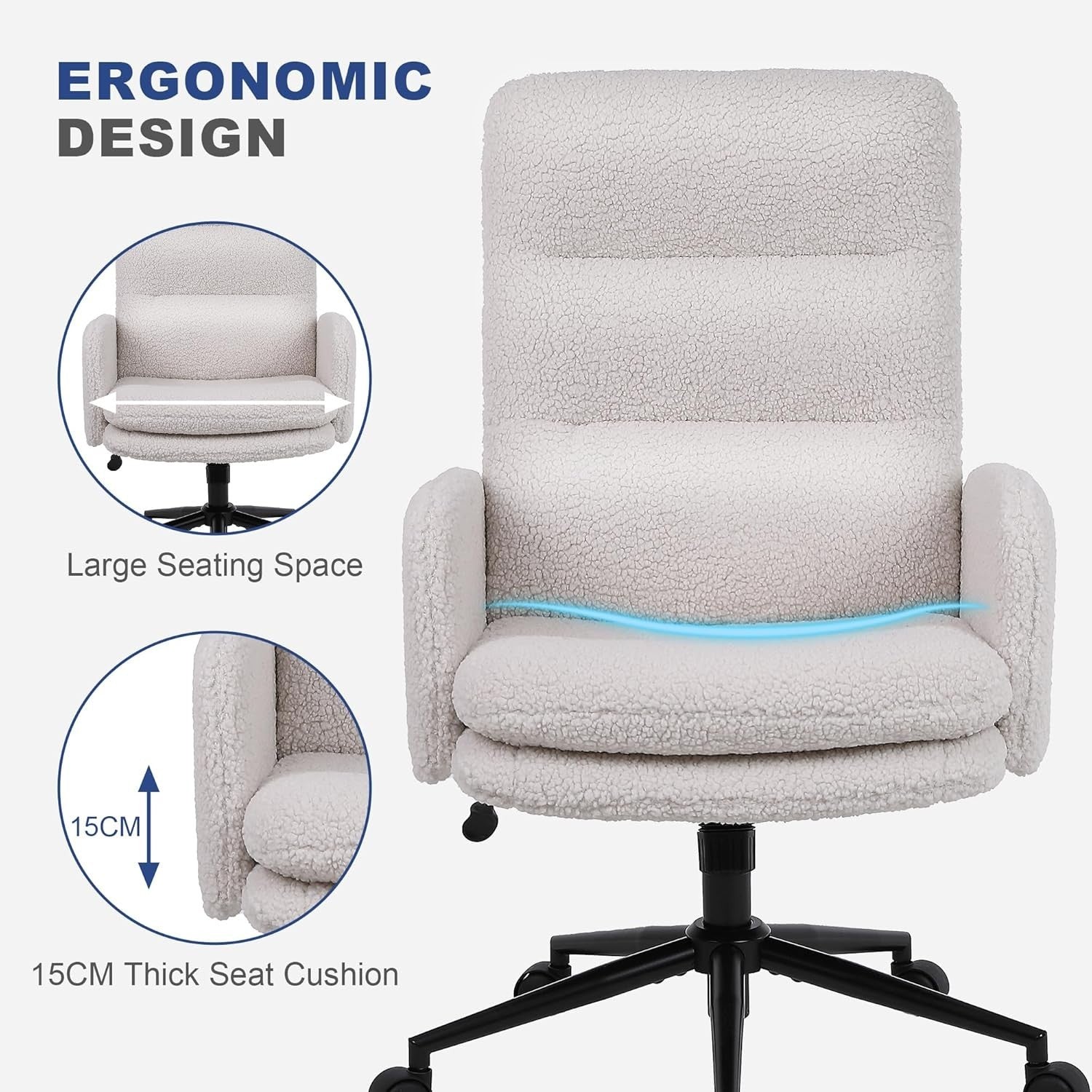 Ergonomic Desk Chair Reclining Swivel Office Home Adjustable Height Cream
