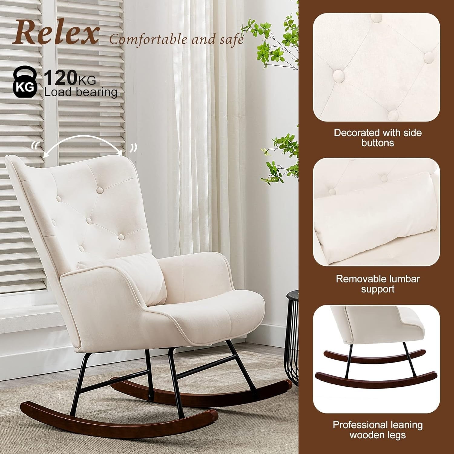Velvet Rocking Chair for Nursery & Living Room – Soft Cushions, Wood Legs