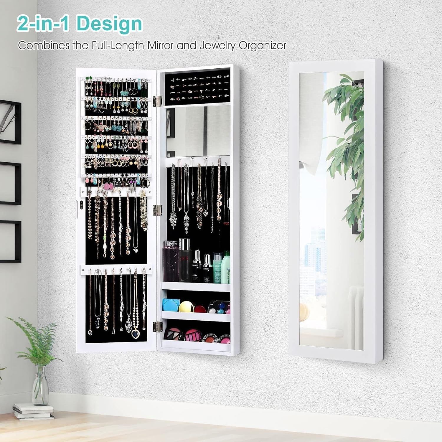 Wall Mounted Jewelry Cabinet Full Length Mirror Hanging Organizer White