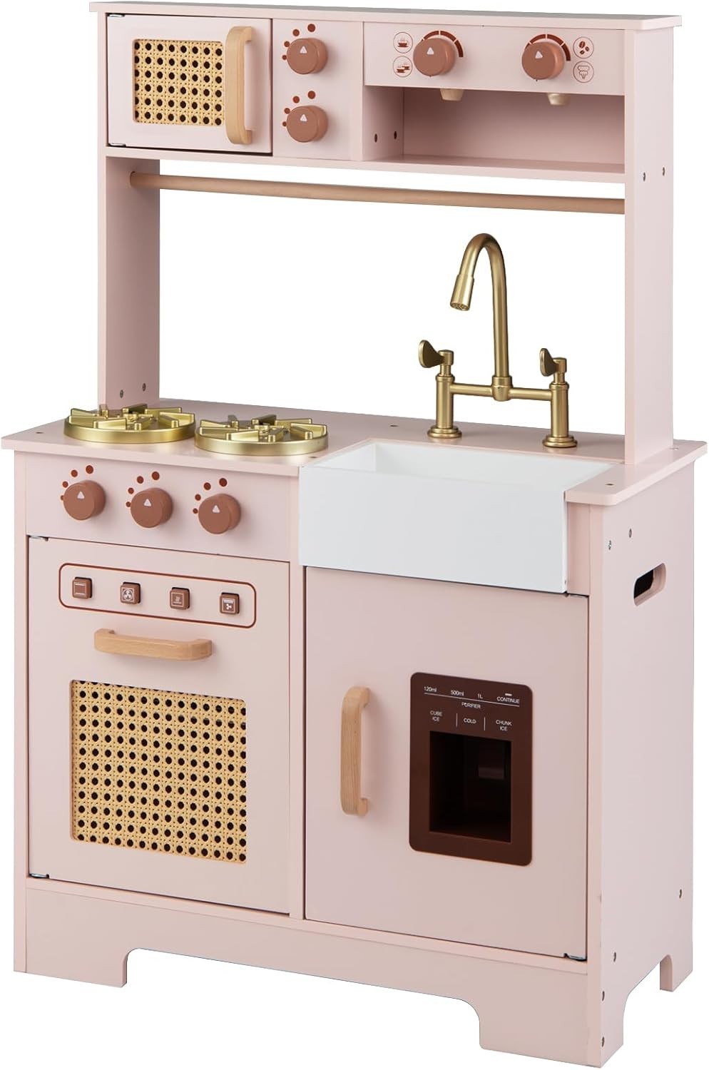 Kids Wooden Play Kitchen Lights Sounds Coffee Maker Ice Dispenser