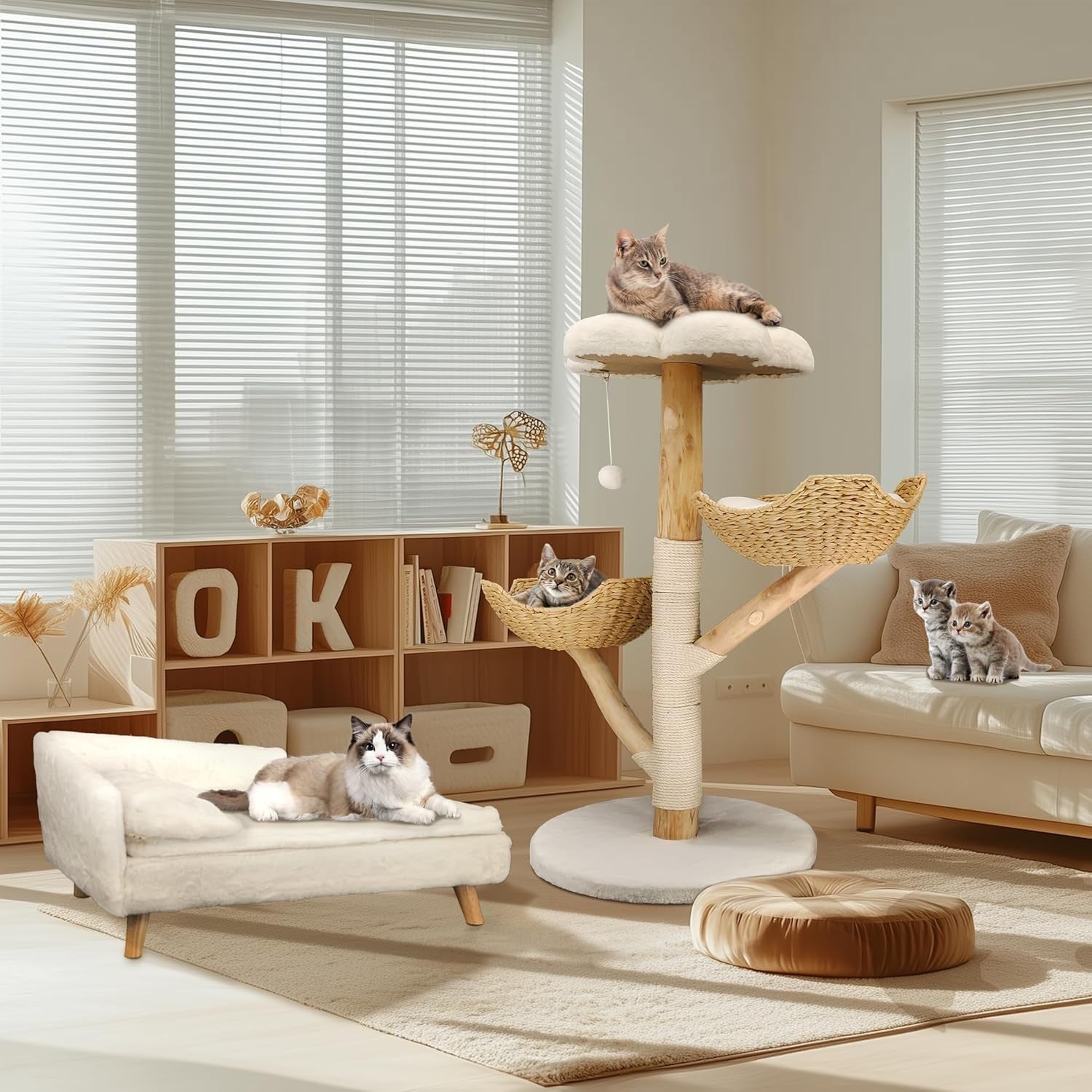 Wooden Cat Climbing Tree Plush Perches Sisal Scratch Posts Indoor Tower