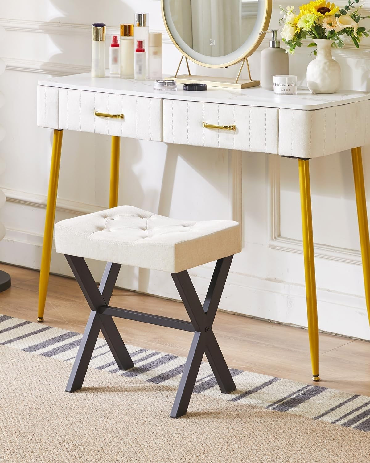 U-Shaped Linen Vanity Stool with X-Leg – Makeup Seat & Side Table