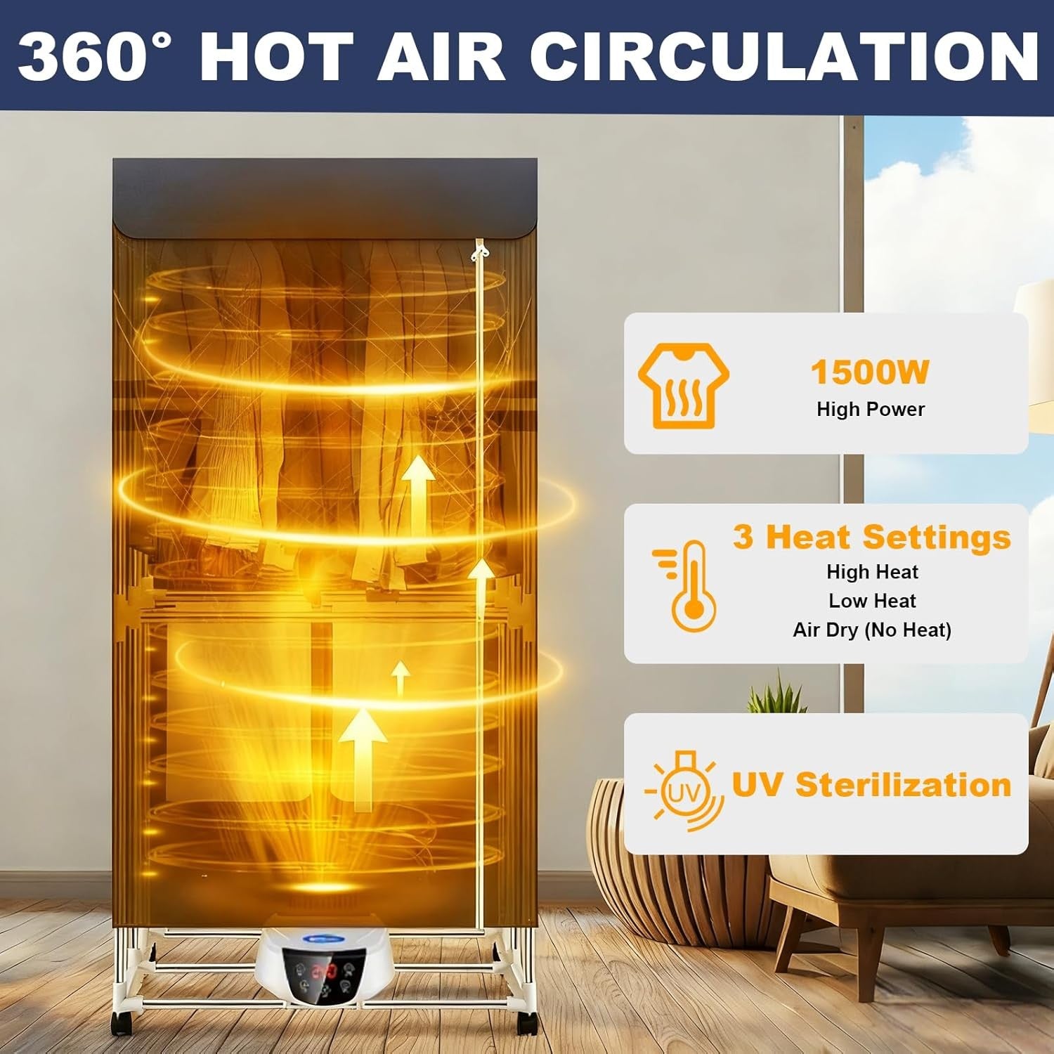 1500W Electric Clothes Dryer Cabinet Heated Airer 2 Tier Foldable Indoor