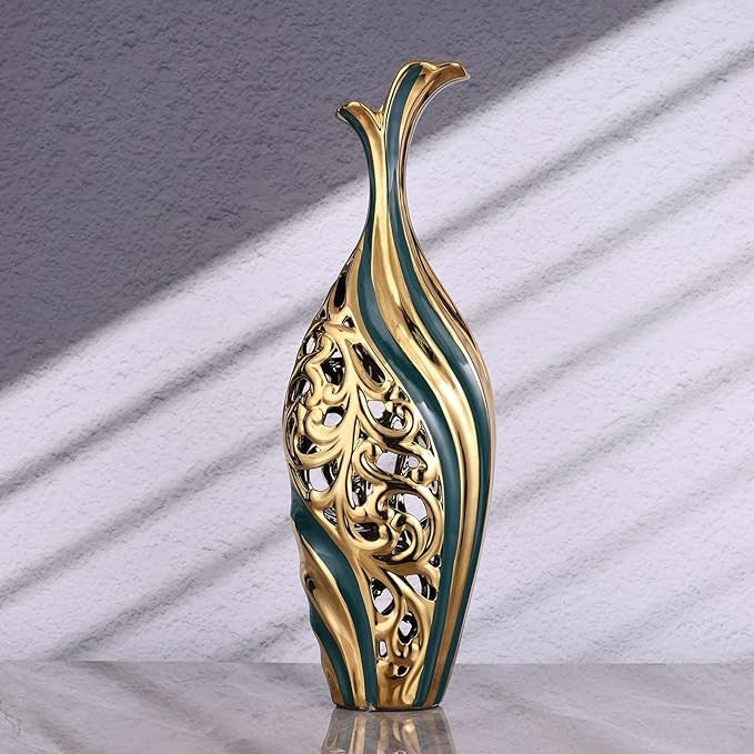 Tall Teal Gold Floor Vase 50cm Modern Luxury Pampas Grass Decor