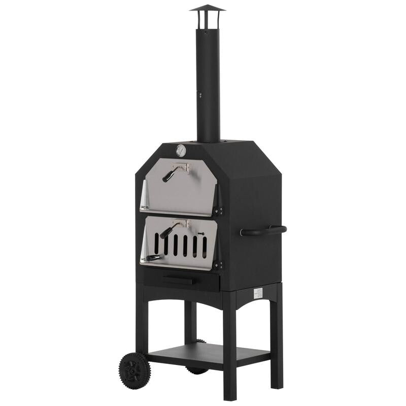 3-Tier Charcoal Pizza Oven Outdoor Grill w/ Chimney, Thermometer, Wheels