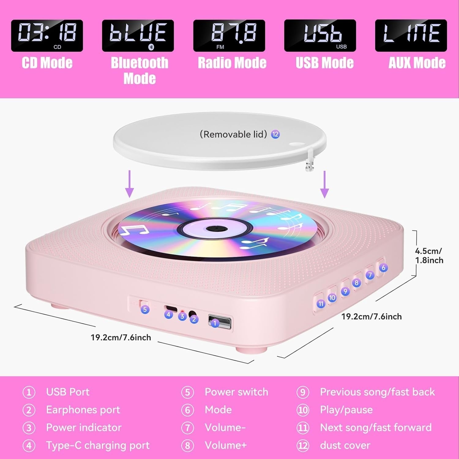 Desktop CD Player Bluetooth Speakers FM Radio USB AUX Remote Pink