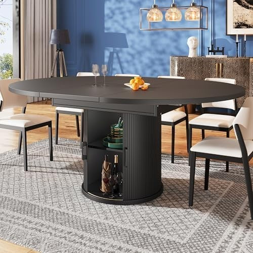 Extendable Round Dining Table Black Storage 118-158cm Oval