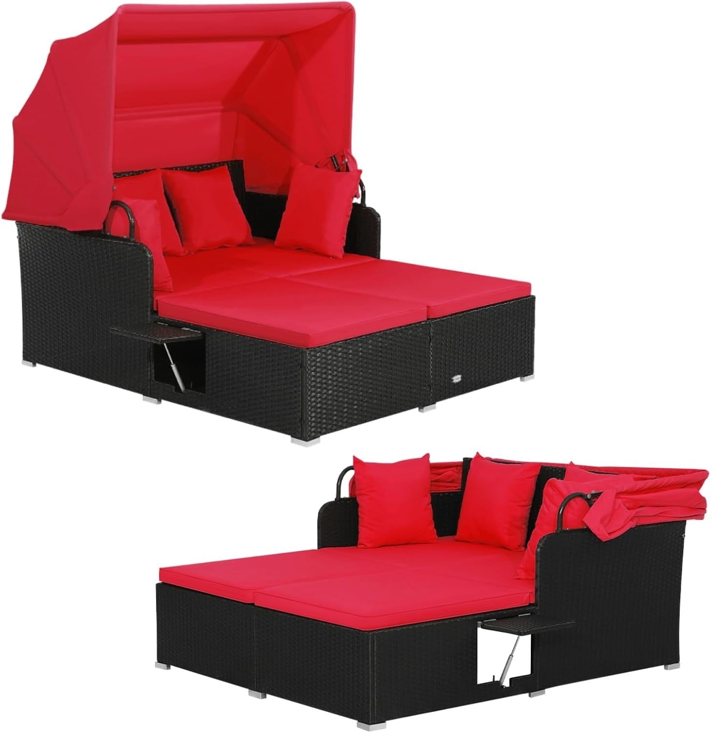 2 Seater Rattan Sunbed with Canopy & Folding Tables, Outdoor Recliner Sofa