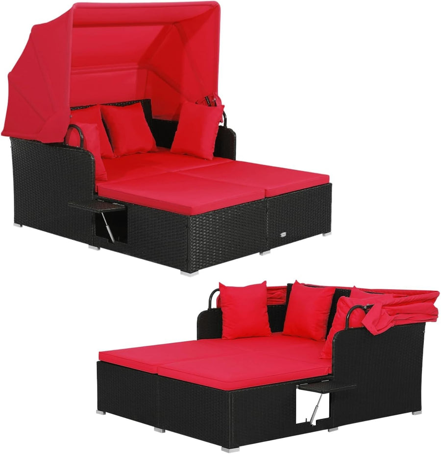2 Seater Rattan Sunbed with Canopy & Folding Tables, Outdoor Recliner Sofa