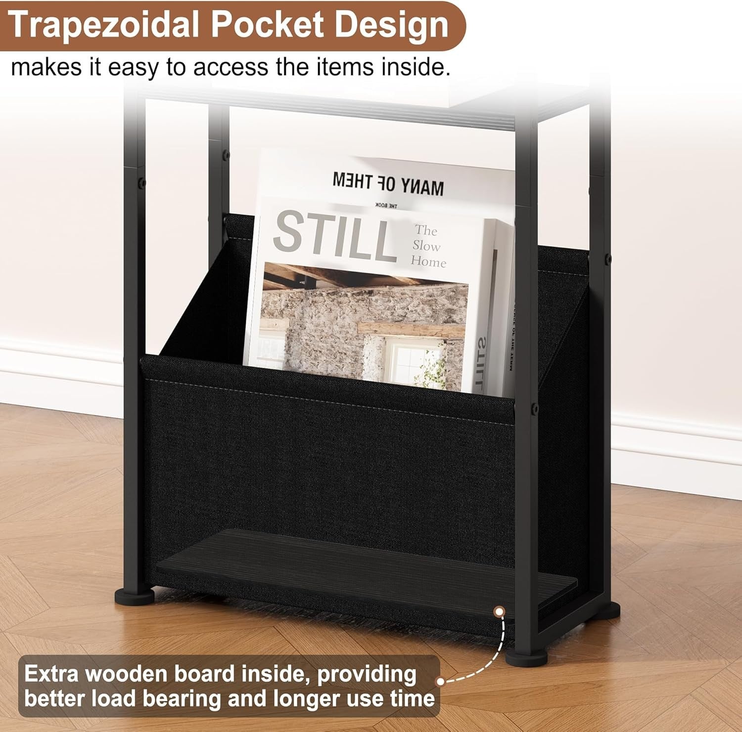 Slim Side Table with Basket Storage – 3-Tier Narrow Bedside Sofa Table Black