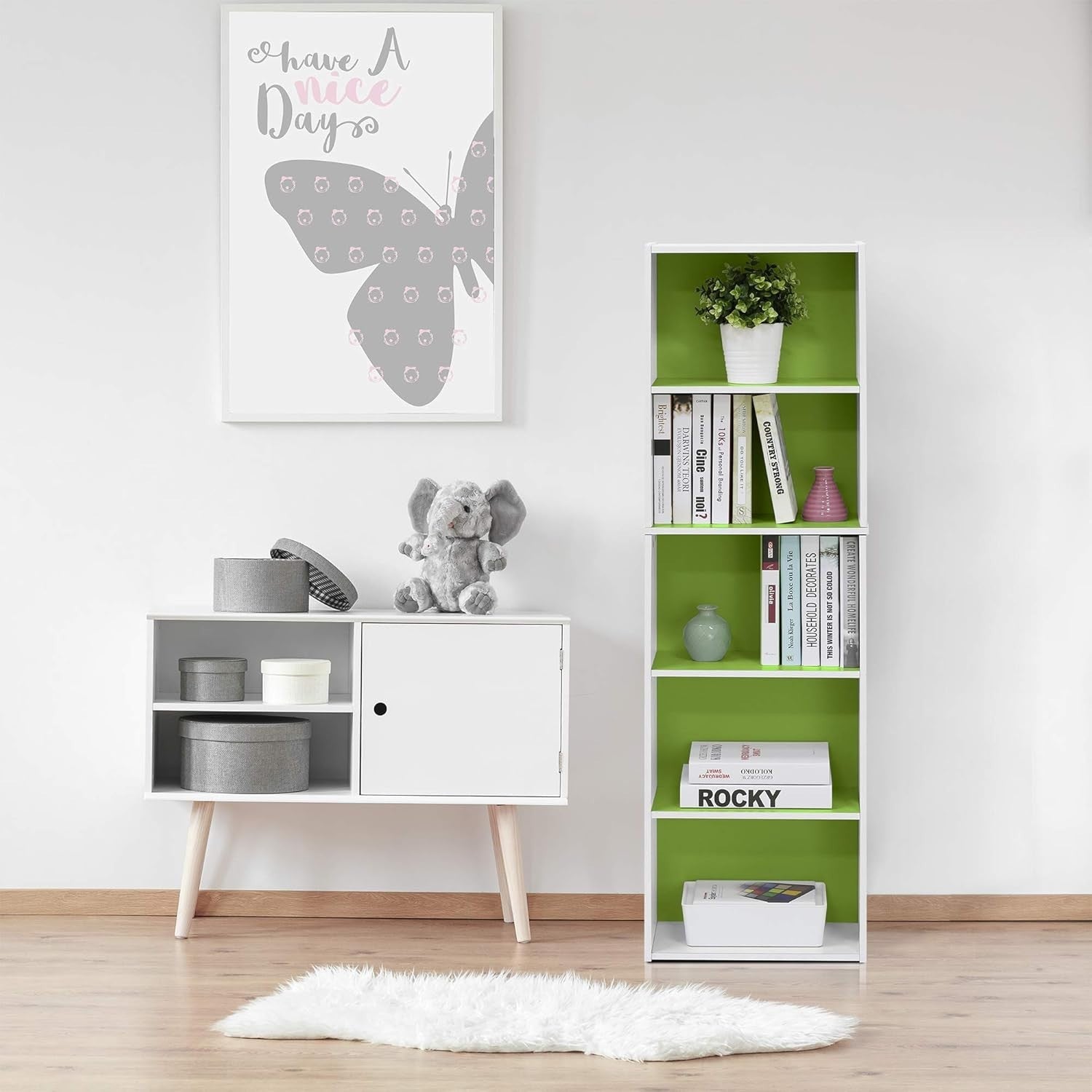 5 Tier Reversible Bookcase Storage Open Shelf Compact Organizer Bookshelf Green