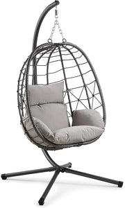 Hanging Egg Chair with Cushions Outdoor Indoor Rattan Swing Seat Grey