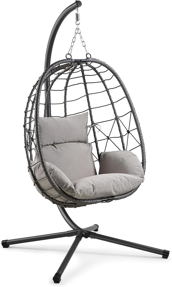 Hanging Egg Chair with Cushions Outdoor Indoor Rattan Swing Seat Grey