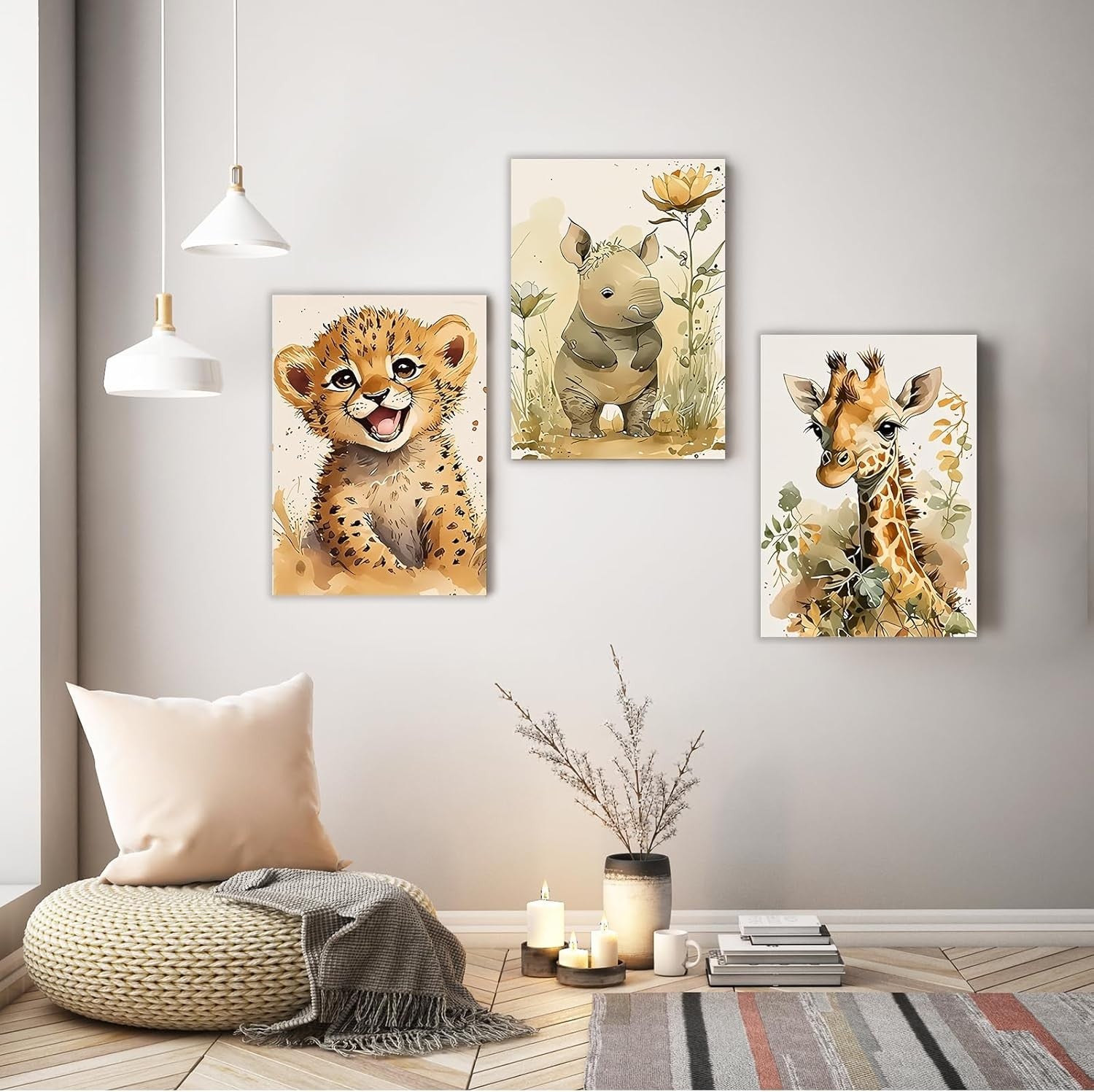 Safari Animal Canvas Wall Art Set of 3 Framed Prints 12x16 Kids Room Decor