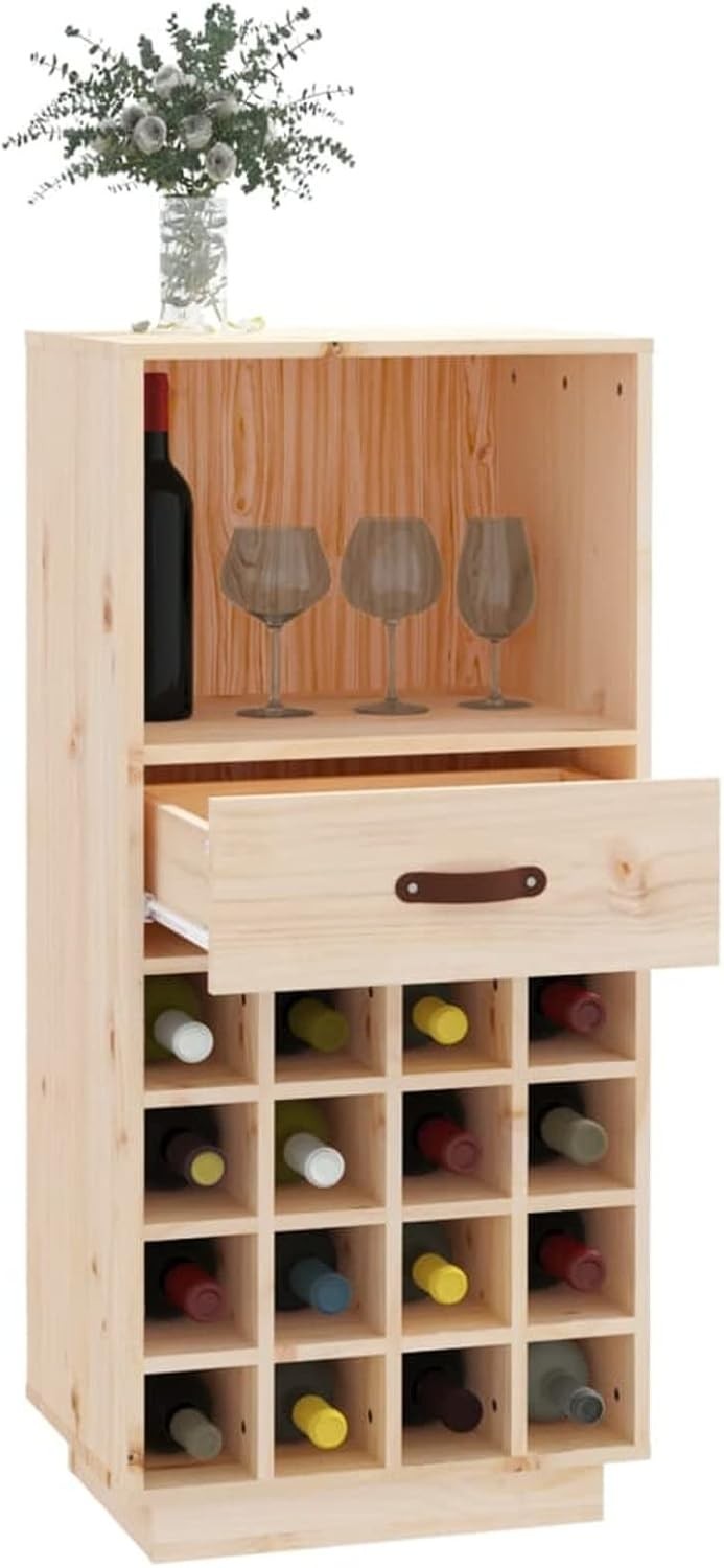 Solid Wood Wine Cabinet with Drawer & 16 Bottle Rack – Home Bar Storage Unit