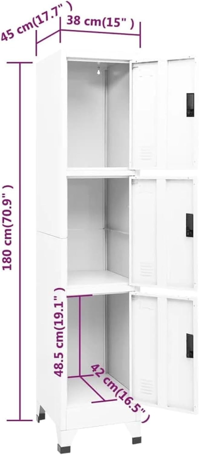 3 Door White Metal Locker Cabinet Lockable Storage Cupboard Office Gym 180cm