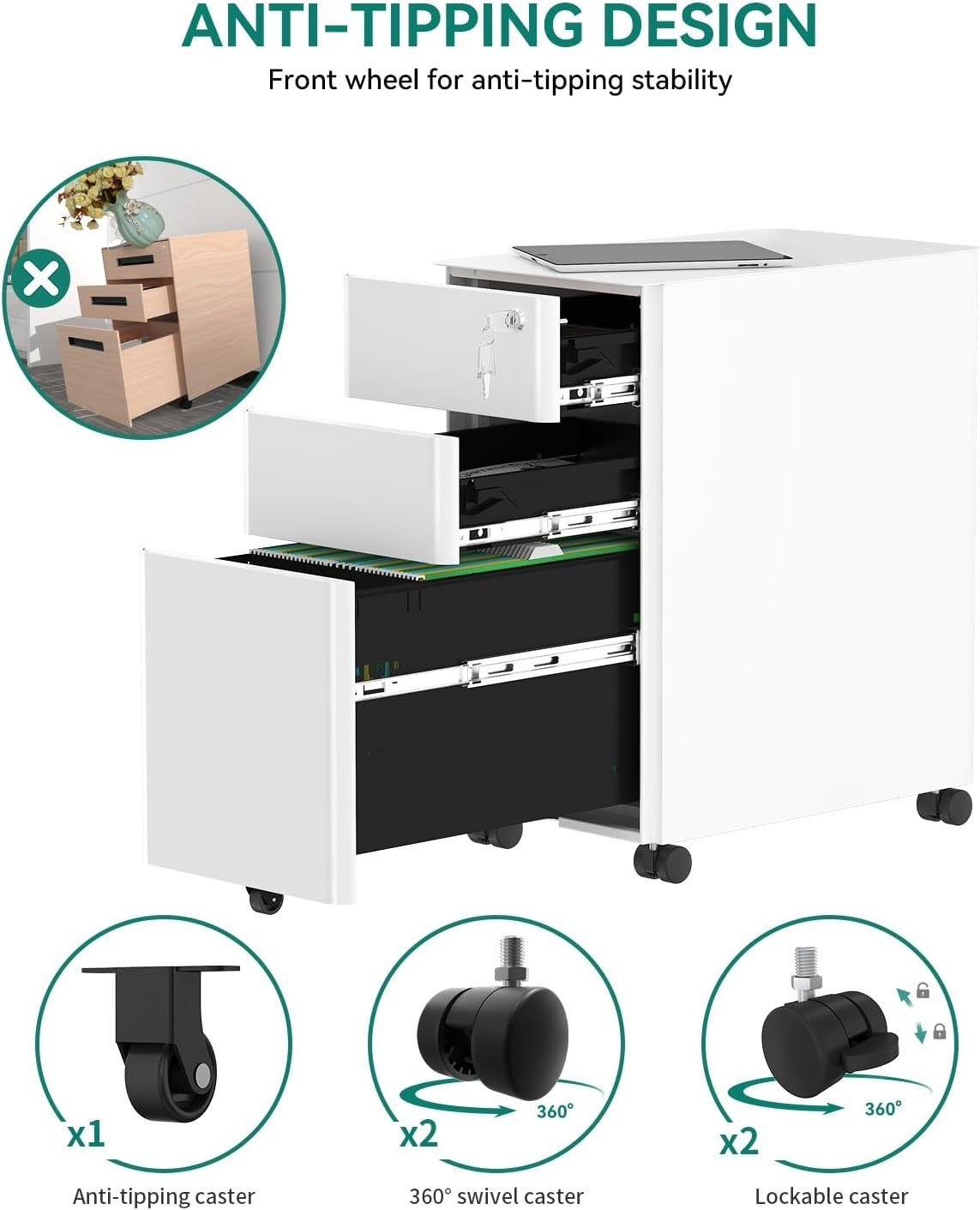 White 3 Drawer Metal File Cabinet 30x46x59cm Mobile Lockable