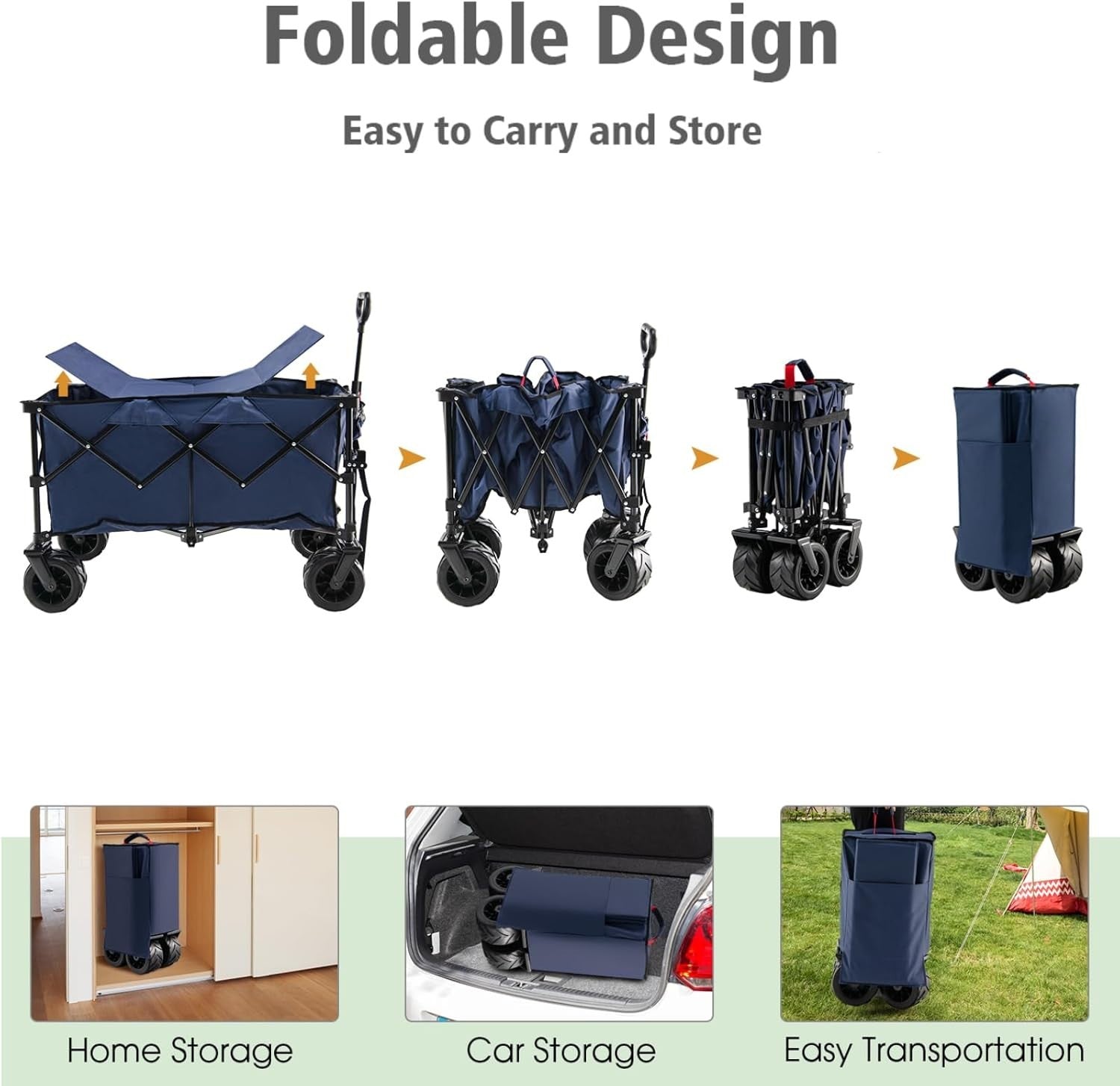 Blue Foldable Wagon Cart Collapsible Garden Utility Trolley w/ Adjustable Handle