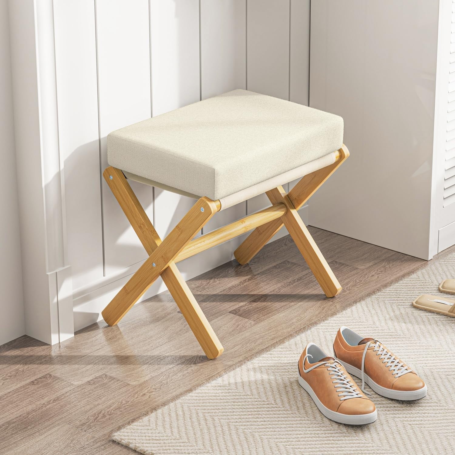 Natural Bamboo Foldable Footstool Ottoman with Beige Chenille Cushion