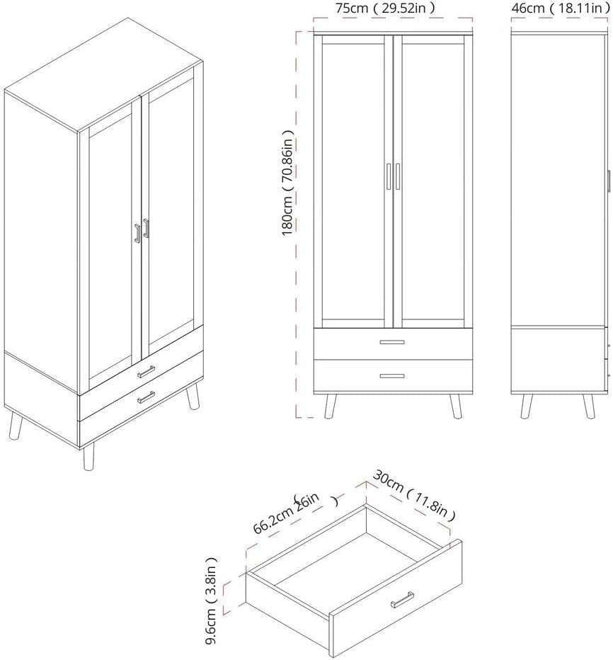 Modern Grey Wardrobe 2 Door 2 Drawer Bedroom Storage Cupboard Unit