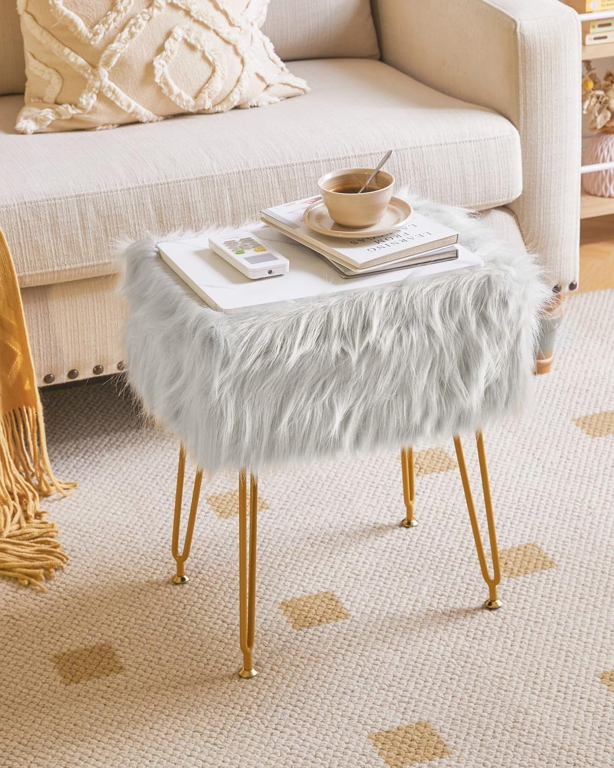 Grey Faux Fur Vanity Stool with Storage – Rectangular Makeup Ottoman Seat