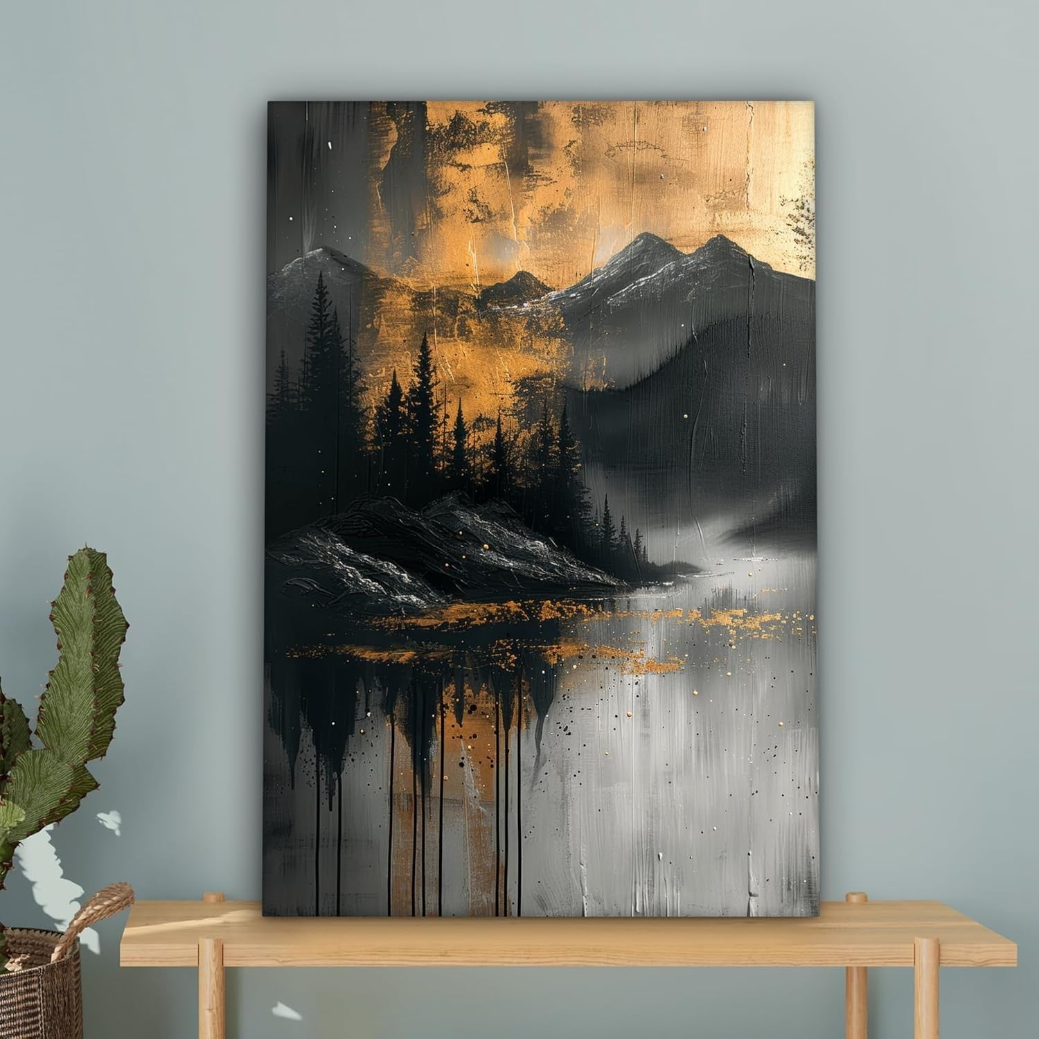 Forest Mountain Canvas Wall Art 40x60cm Gold Black Framed Modern