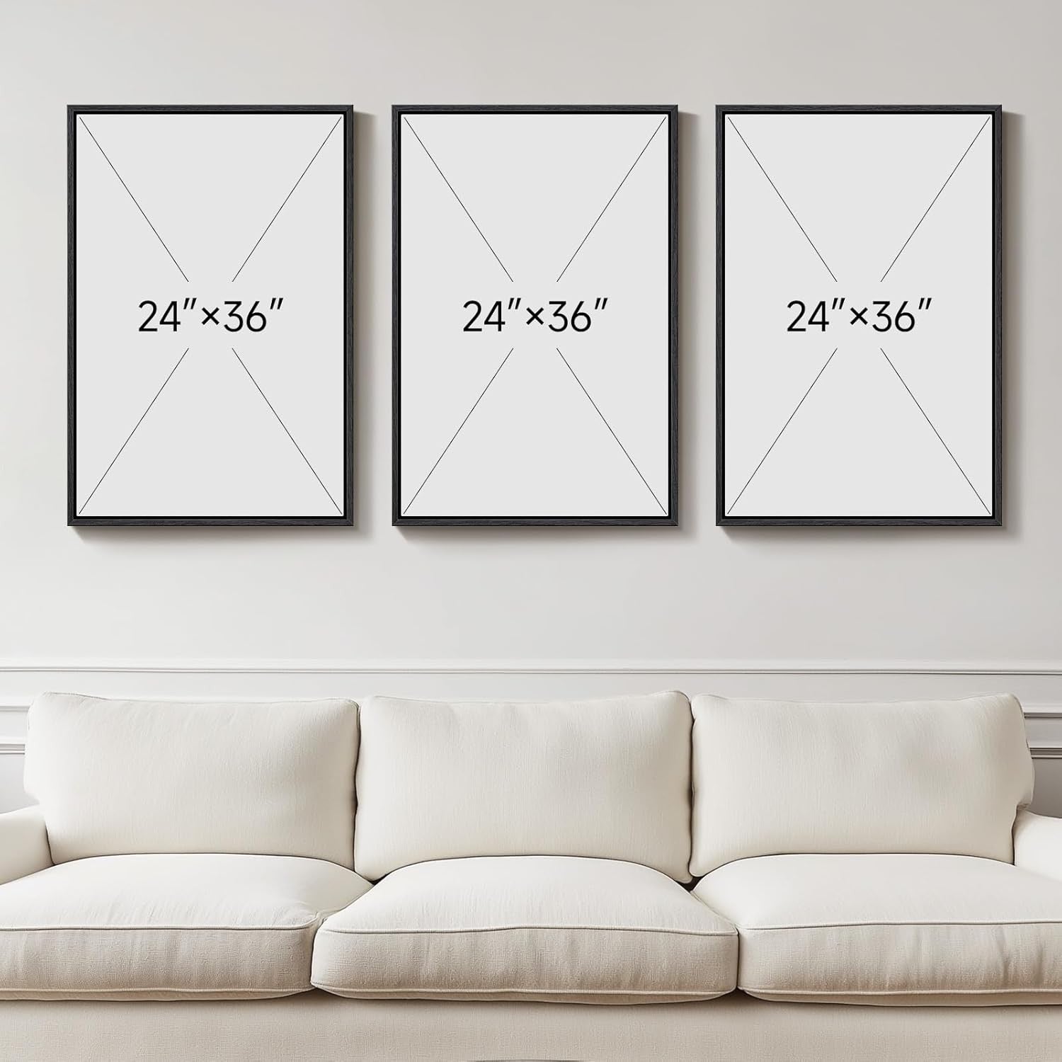 Large Neutral Abstract Wall Art Set 3 Framed 24x36 Black Beige