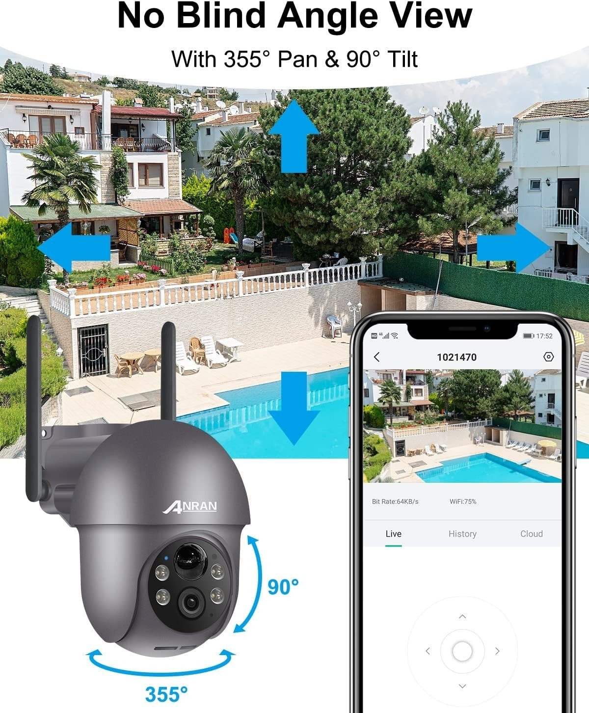 5MP Solar Security Camera Outdoor 360° PTZ WiFi Color Night Vision