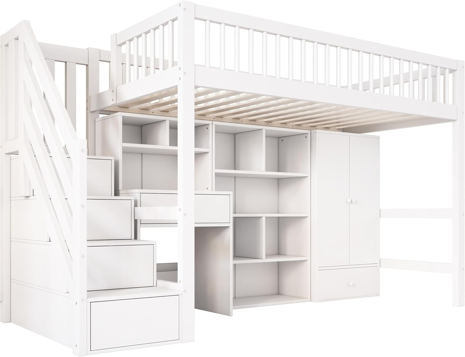 Loft Kids Bed w/ Desk Wardrobe Storage Drawers Stairs 90x190cm White