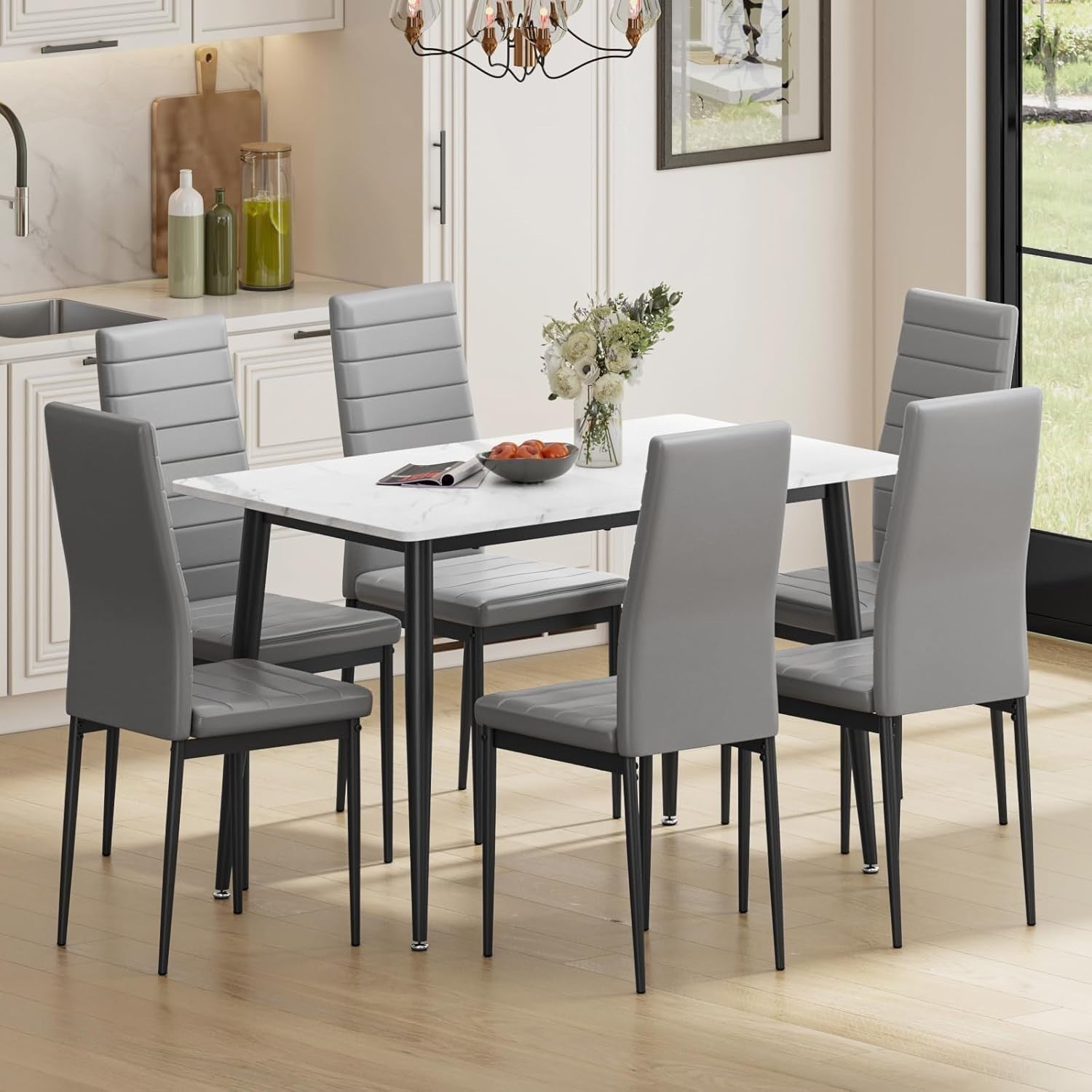 6 Seat Marble Dining Table Set Faux Leather Chairs Modern Kitchen 120cm