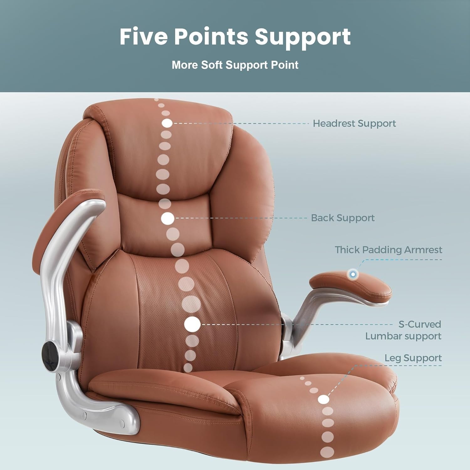 High Back Leather Office Chair Executive Memory Foam Seat Brown 400lbs Max