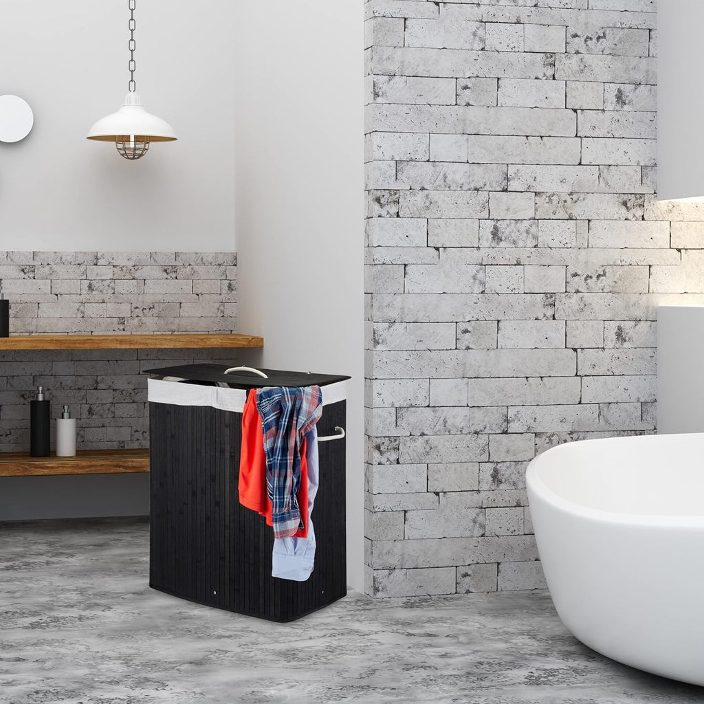 100L Bamboo Laundry Hamper 2 Compartment Basket with Lid & Removable Liners Brow