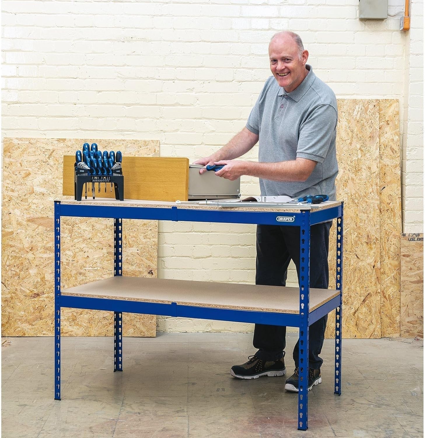 Steel Workbench 200kg Capacity MDF Top Heavy Duty Blue Powder Coated