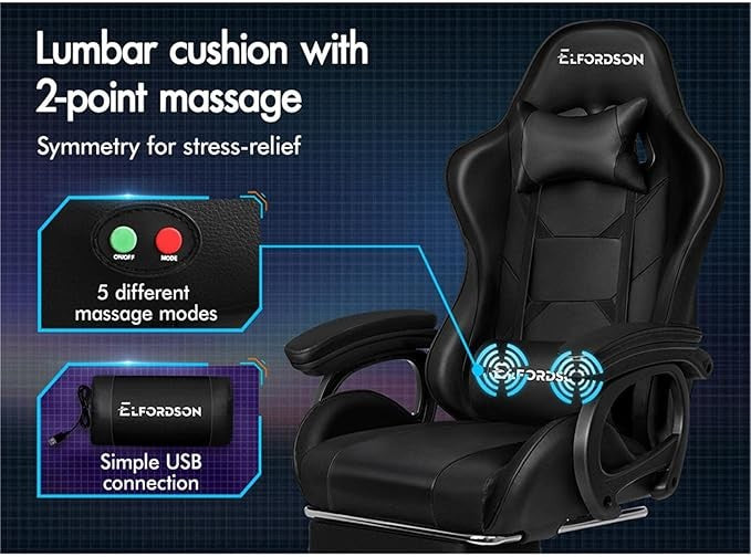 ELFORDSON Gaming Chair w/ 2-Point Massage Lumbar Black