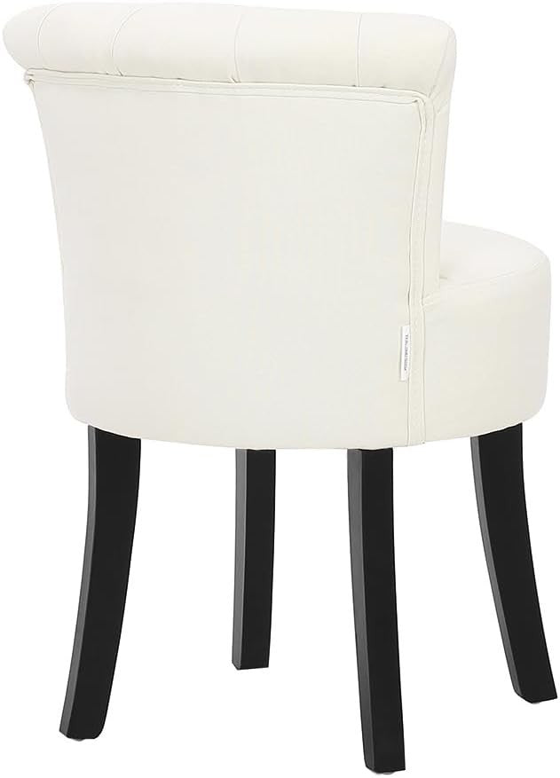 Beige Linen Vanity Chair with Tufted Back & Solid Wood Legs – Comfy Makeup Stool