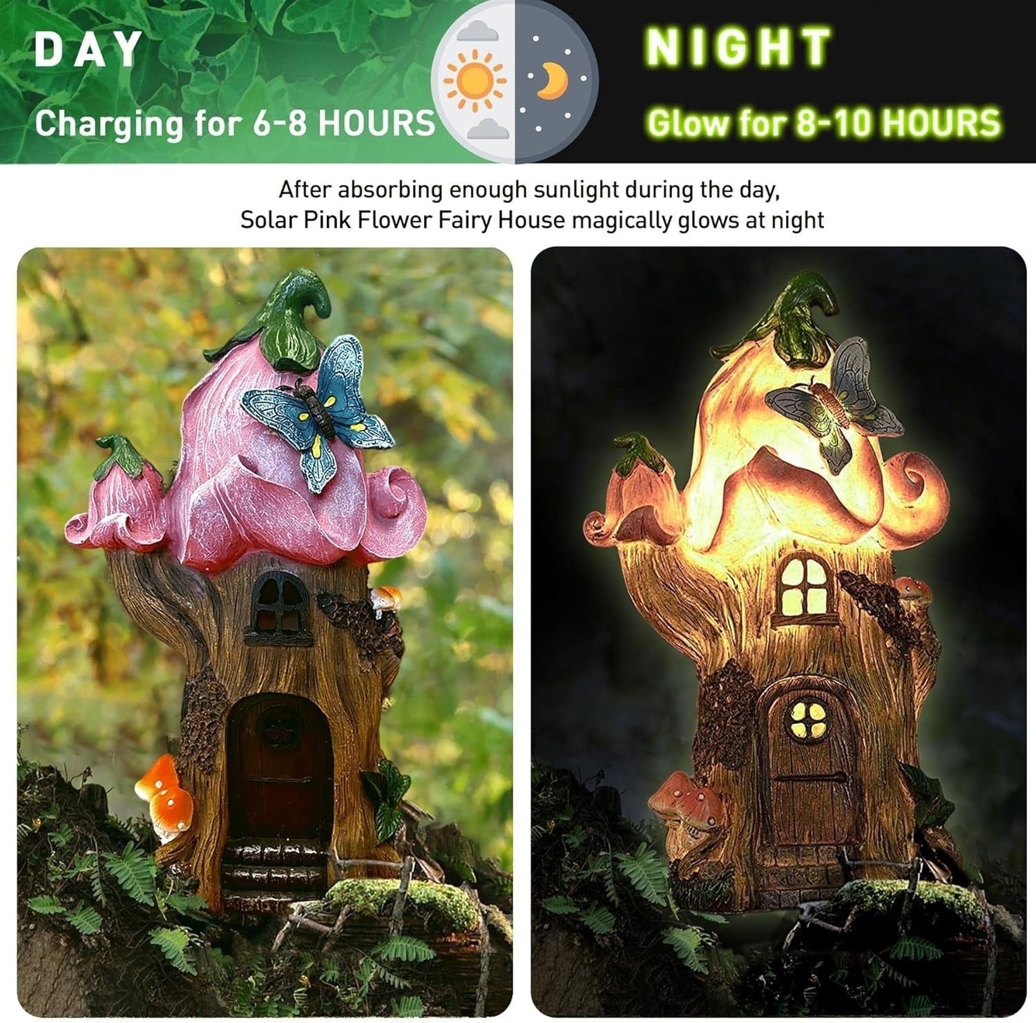 Solar Fairy House Garden Ornament Pink Flower LED Resin Patio Décor 27cm