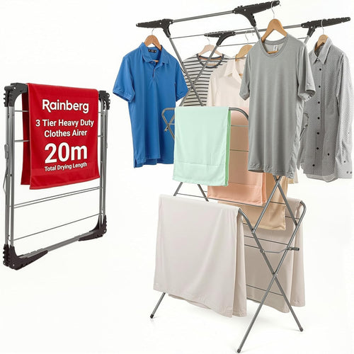 20m Clothes Airer 3 Tier Folding Laundry Drying Rack Space Saving Indoor Outdoor