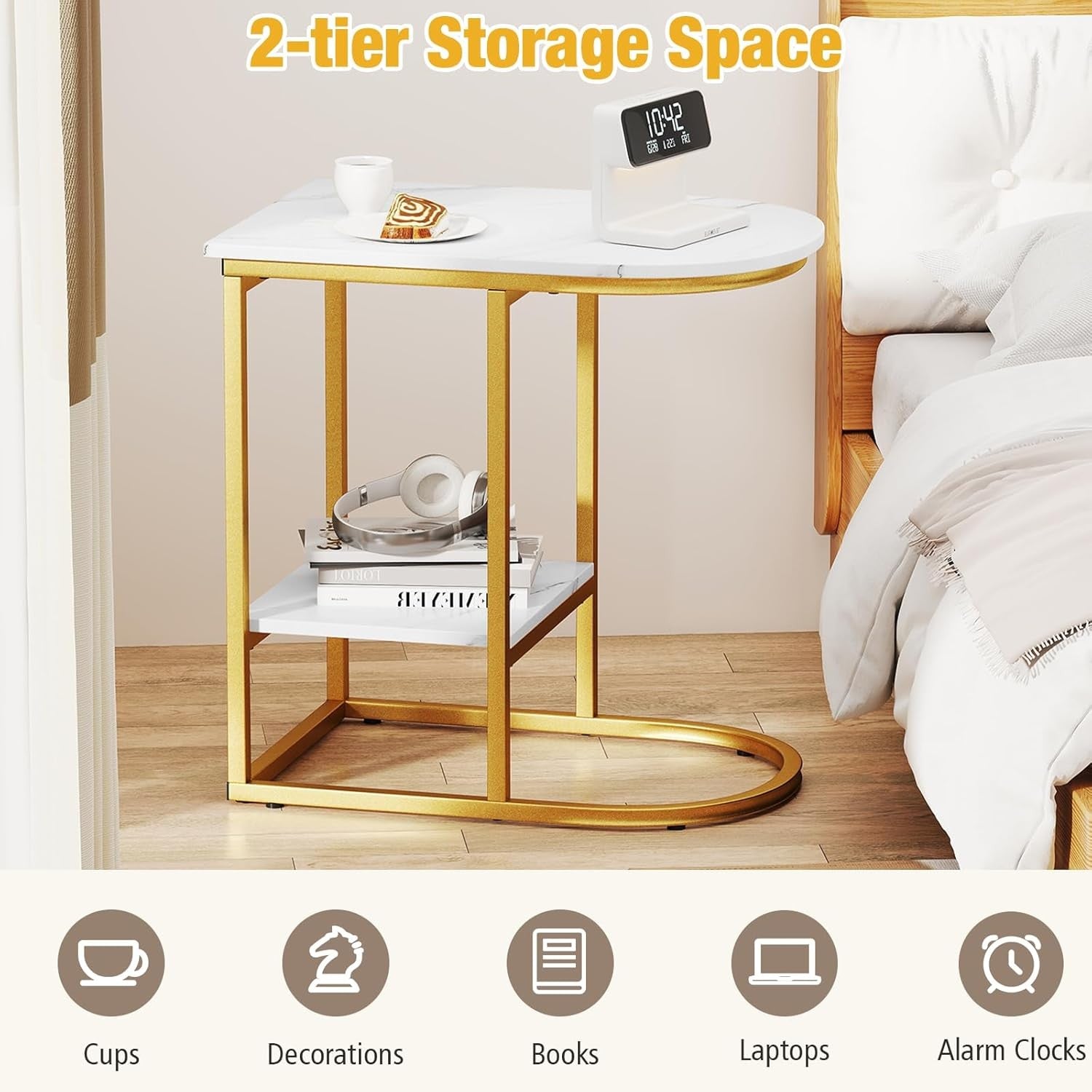 Modern Faux Marble C-Shaped Side Table with Storage Shelf – White & Gold Nightst