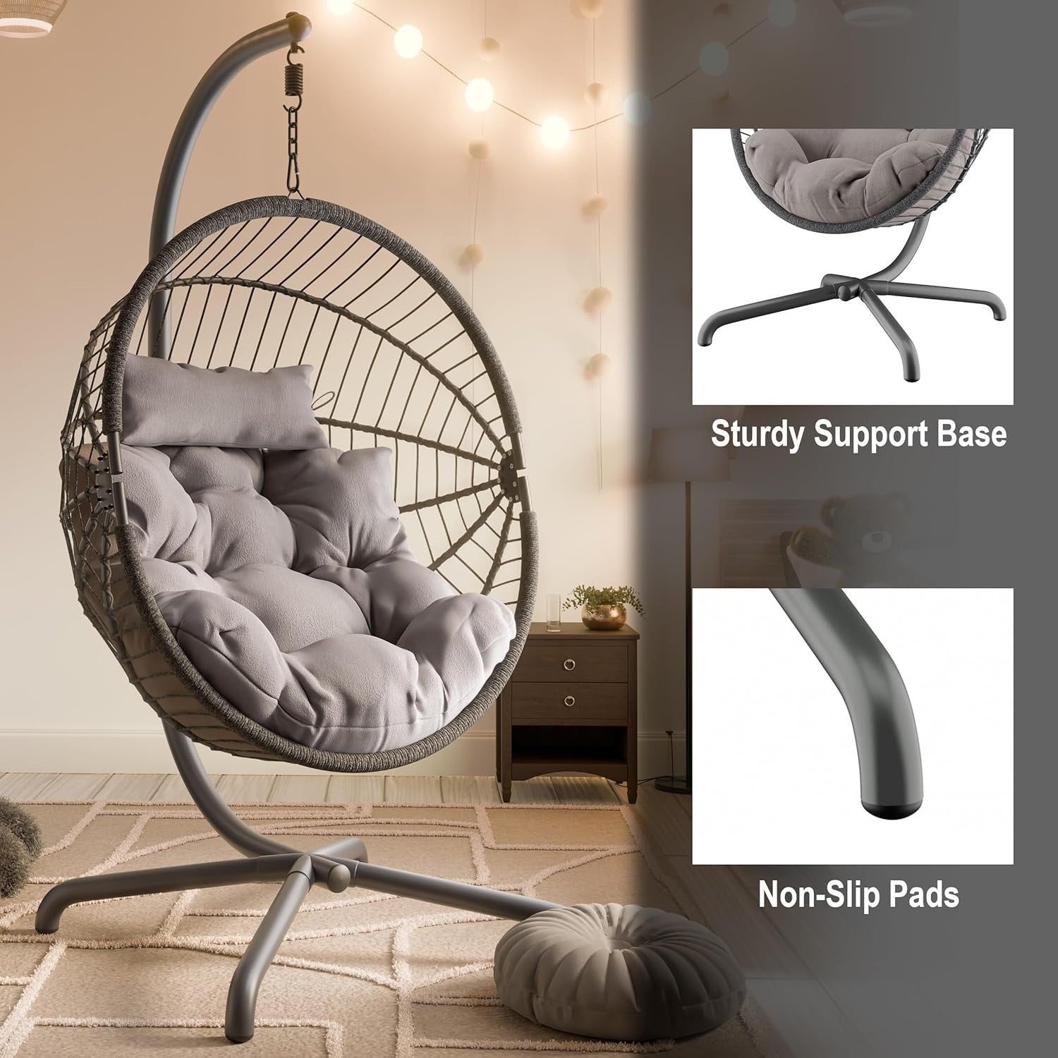 Foldable Rattan Egg Chair with Stand & Cushion for Indoor Outdoor Use