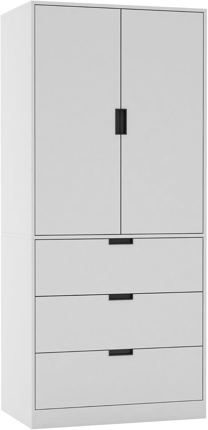 White 2 Door Wardrobe with Drawers | Tall Bedroom Storage Cabinet Unit